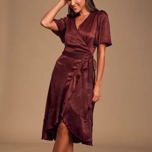 EUC Lulu's Wrapped Up In Love Burgundy Satin Faux Wrap Midi Dress -Size XL